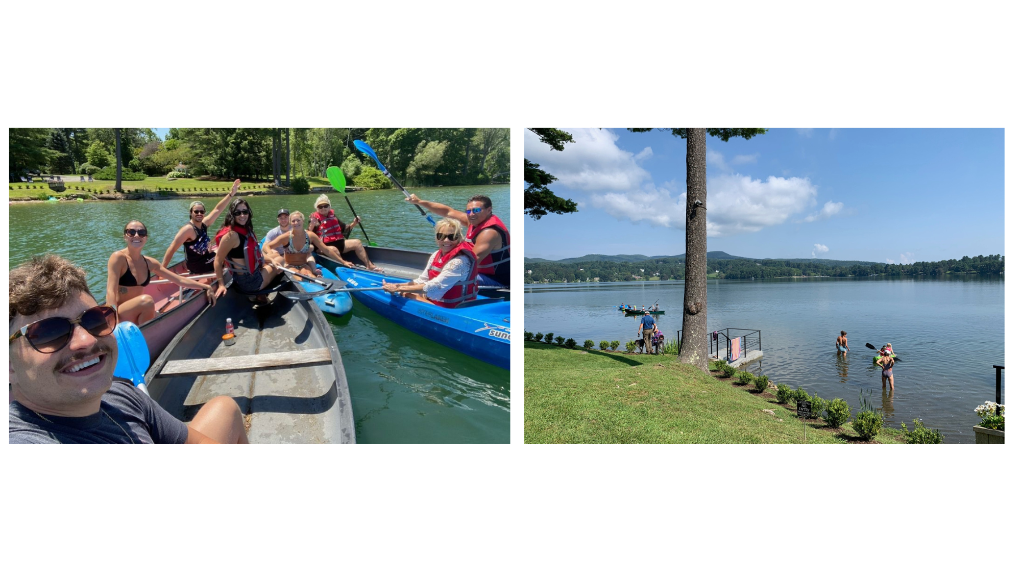 two views of people enjoying a lake on a sunny day